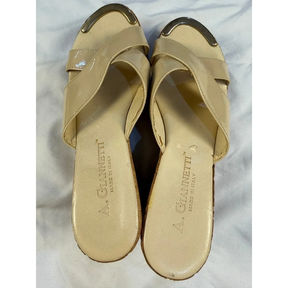 A Giannetti Wedge Sandals Patent Leather Cork Heel Made in Italy Women's Size 8‎